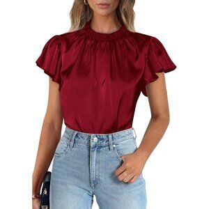 Womens Wine Red Summer Polyester Satin Casual Ruffle Short Sleeve Crewneck Tops